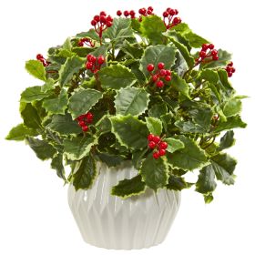 Holly Leaf Artificial Plant in White Vase (Real Touch)