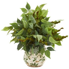 Mixed Ficus Fittonia and Berries Plant in Floral Vase