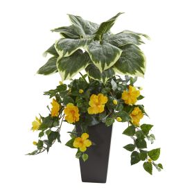 Hosta and Hibiscus Artificial Plant in Black Vase