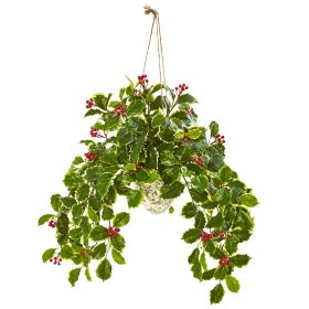 Variegated Holly Berry in Hanging Vase (Real Touch)