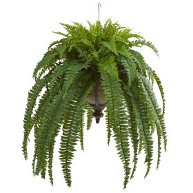 Boston Fern Artificial Plant in Metal Hanging Bowl