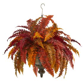 Autumn Boston Fern Plant in Hanging Metal Bowl