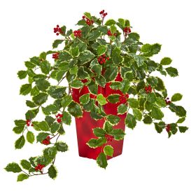 Holly with Berries Plant in Red Planter (Real Touch)