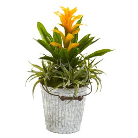 Bromeliad and Succulent Artificial Plant in Metal Bucket