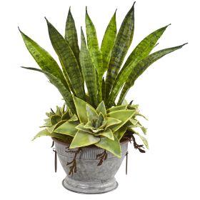 Sansevieria and Succulent Artificial Plant in Metal Bowl