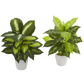 Dieffenbachia Artificial Plant in White Vase (Set of 2)