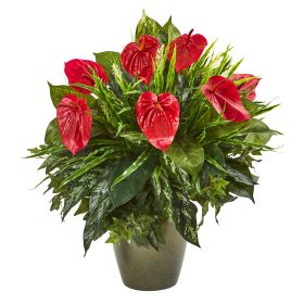 Mixed Anthurium Artificial Plant in Green Planter