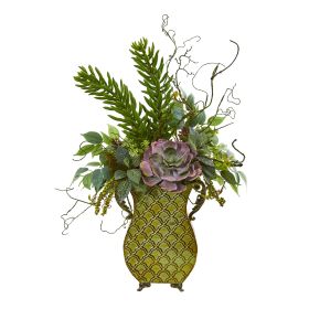 Succulent and Greens Artificial Plant in Metal Planter