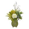 Hydrangea Ficus and Fern Plant in Metal Planter