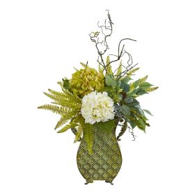 Hydrangea Ficus and Fern Plant in Metal Planter