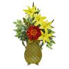 Dahlia Lily and Ficus Artificial Plant in Metal Planter