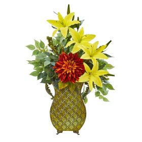 Dahlia Lily and Ficus Artificial Plant in Metal Planter