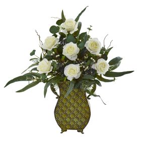 Rose and Eucalyptus Artificial Plant in Metal Planter