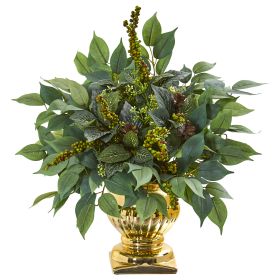 Royal Ficus and Fittonia Artificial Plant in Gold Urn