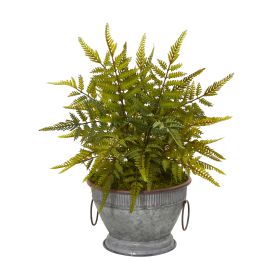 Fern Plant in Vintage Metal Bowl with Copper Trimming