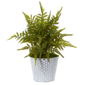 Fern Artificial Plant in Embossed White Tin Planter