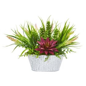 Succulent and Grass Plant in White Tin Planter