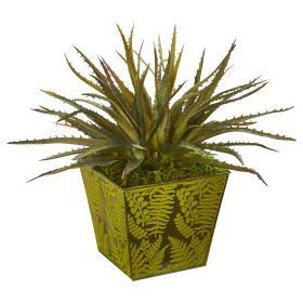 Aloe Succulent Artificial Plant in Green Tin Planter