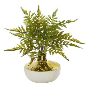 Fern Artificial Plant in Gold and Cream Elegant Vase