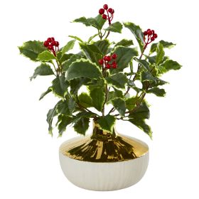 Holly Leaf Plant in Gold and Cream Vase (Real Touch)