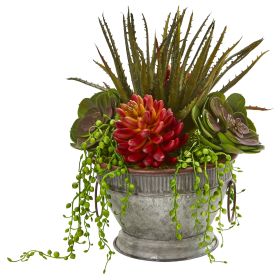 Mixed Succulent Artificial Plant in Vintage Metal Bowl
