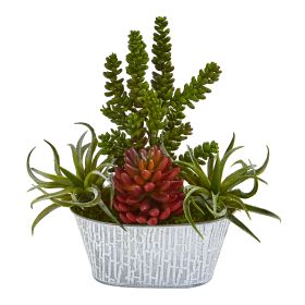 Mixed Succulent Artificial Plant in Tin White Planter