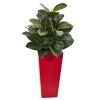 Artificial Rubber Plant in Red Tower Planter
