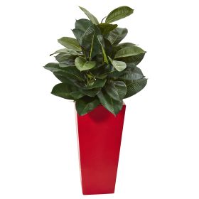 Artificial Rubber Plant in Red Tower Planter