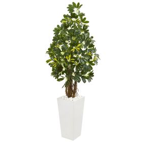 Schefflera Artificial Tree in White Tower Planter