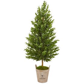 Olive Cone Topiary Artificial Tree in Farmhouse Planter