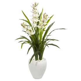 Cymbidium Orchid Artificial Plant in White Planter
