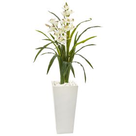 Cymbidium Orchid Artificial Plant in White Tower Planter