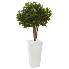 Bay Leaf Topiary Artificial Tree in White Tower Planter