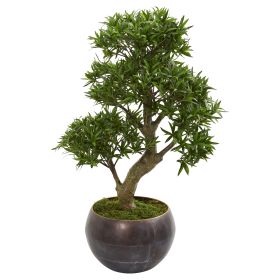 Podocarpus Artificial Bonsai Tree in Metal Bowl