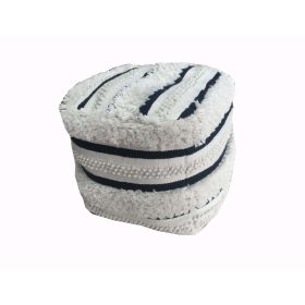 Outdoor Woven, Blue and White Stripe Pouf - Blue