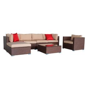 7 Pieces Wood Grain Patio PE Wicker Rattan Corner Sofa Set - as picture