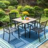 5-Piece Outdoor Patio Dining Set Modern Steel Furniture with 4 Slatted Armchairs and 1 Square Wood-like Table, Black - Black