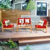 4 Pieces Patio Acacia Wood Thick Cushion Loveseat Sofa Set - Red
