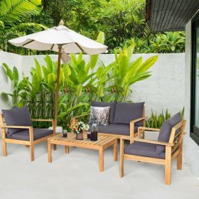 4 Pieces Patio Acacia Wood Thick Cushion Loveseat Sofa Set - Gray