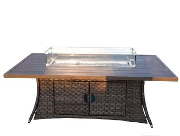 Elegant PE Wicker and Aluminium Patio Dining Fire Pit Table - Rectangular