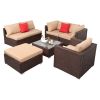 7 Pieces Wood Grain Patio PE Wicker Rattan Corner Sofa Set - as picture