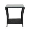 Outdoor Patio Wicker Side Table, Square End Table Bistro Coffee Table with Glass Top Storage Shelf for Porch Garden Backyard Black - as picture