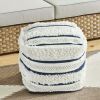 Outdoor Woven, Blue and White Stripe Pouf - Blue
