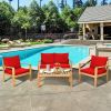4 Pieces Patio Acacia Wood Thick Cushion Loveseat Sofa Set - Red