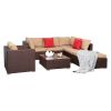 7 Pieces Wood Grain Patio PE Wicker Rattan Corner Sofa Set - as picture