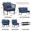 6 Piece Sectional Rattan Wicker 6 Person Sofa Set Patio Conversation Set, Navy Blue - Navy Blue