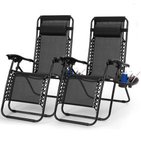 2Packs Zero Gravity Lounge Chair w/ Dual Side Tray 330lbs Load Foldable Recliner Chair w/ Stress Relief Pillow Patio Poolside Beach Lying Chair (Option: Black  GPCT840)