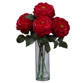 Fancy Rose w/Cylinder Vase Silk Flower Arrangement (Color: Red)