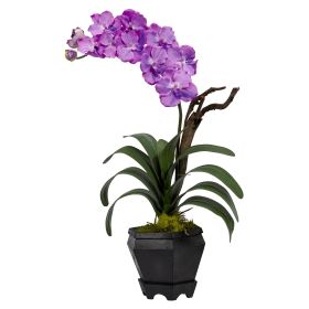 Vanda w/Black Hexagon Vase Silk Arrangement (Color: Purple)