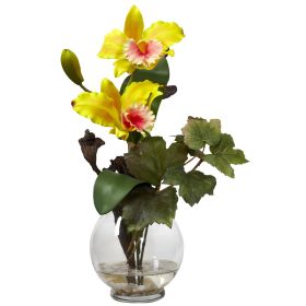 Mini Cattleya w/Fluted Vase Silk Flower Arrangement (Color: Yellow)